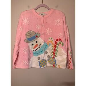 2000s Design Options Pastel Rainbow Christmas Snowman Chenille Glam Cardigan XL